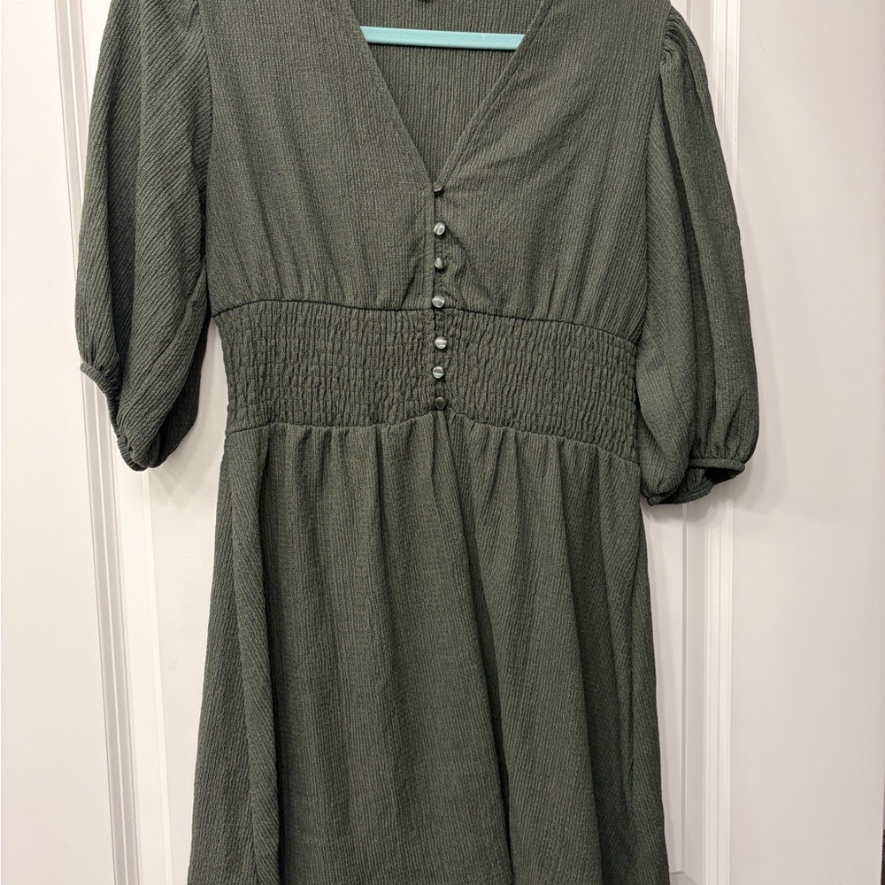 Francesca's | Olive Green Smocked Mini Dress w/ Puff Sleeves